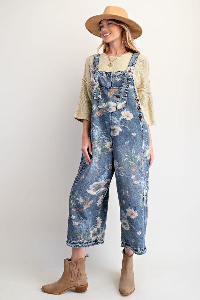 Overalls Washed Blue Denim Flower Print Women's  EB56886