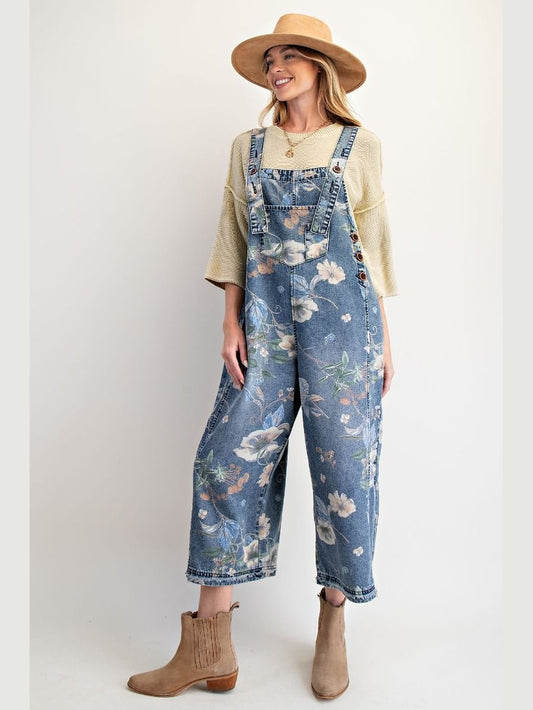 Overalls Washed Blue Denim Flower Print Women's  EB56886