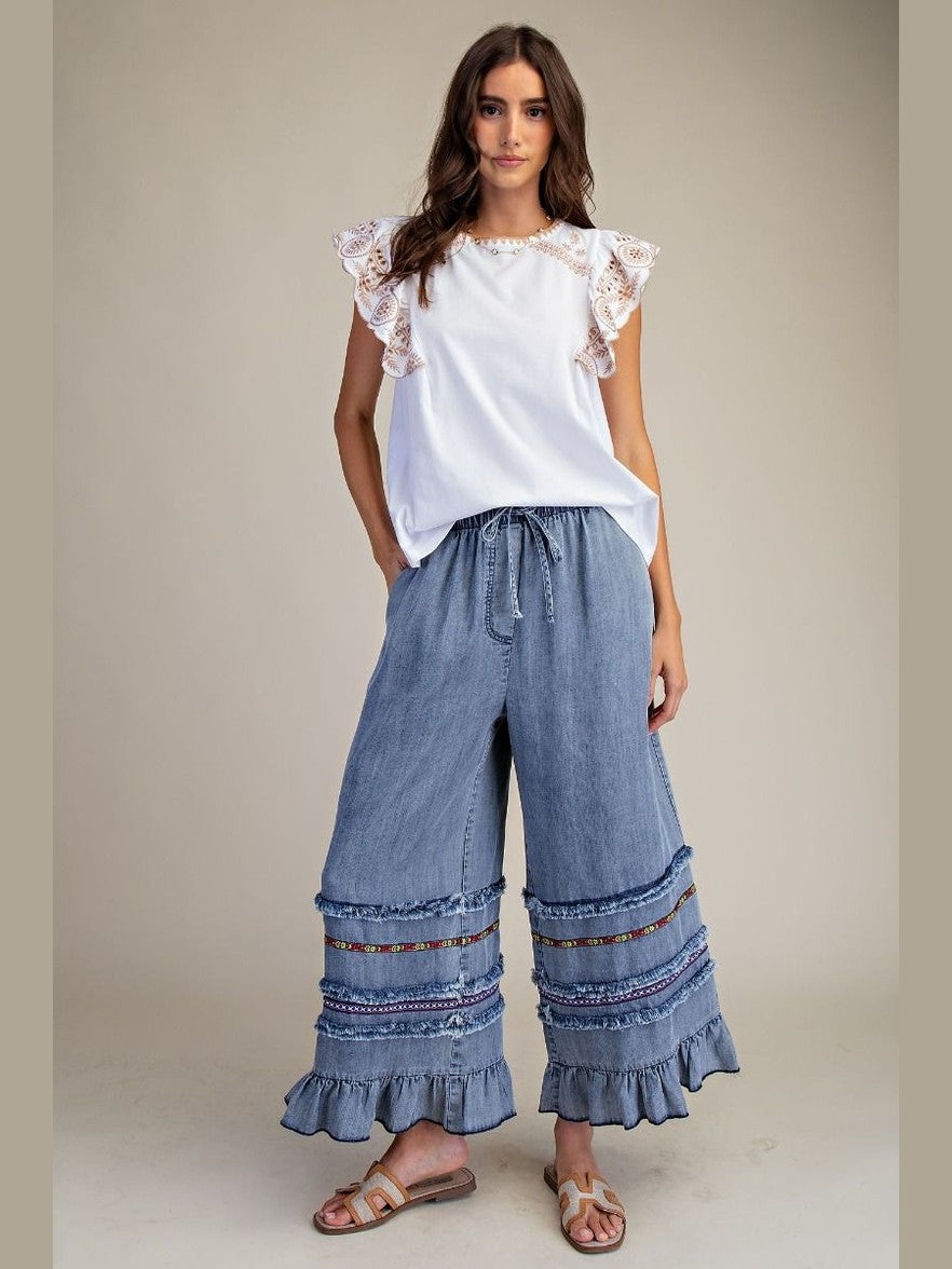 Easel-Pants Washed Denim Ruffle Bottom Chambray Women's&nbsp; EB57695WD