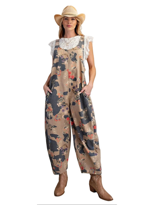 Overalls Camel Flora/Abstract Print Twill Women's  EB58046