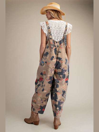 Overalls Camel Flora/Abstract Print Twill Women's  EB58046