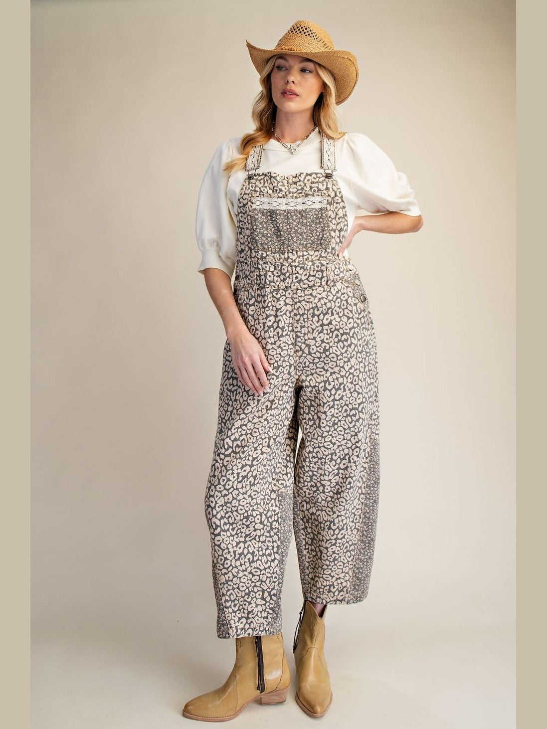 Easel-Overalls Leapard Print Washed Twill Women's Eb58049