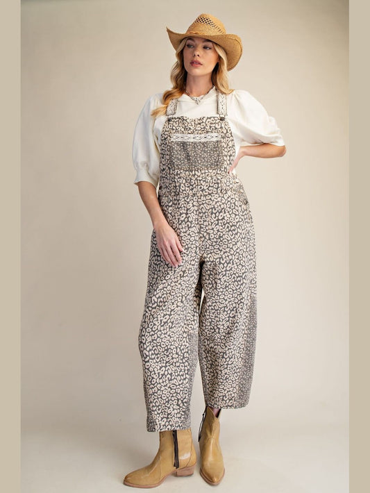 Easel-Overalls Leapard Print Washed Twill Women's Eb58049