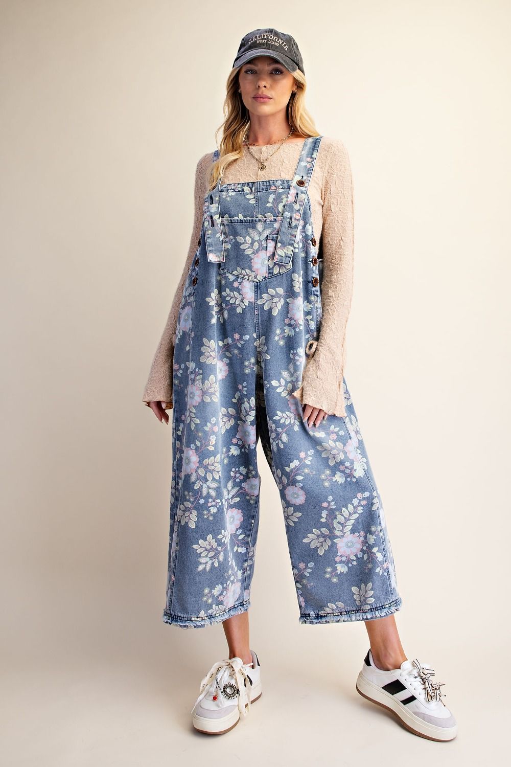 Overalls Washed Denim Light Blue Floral Print Women's  EB58255WD