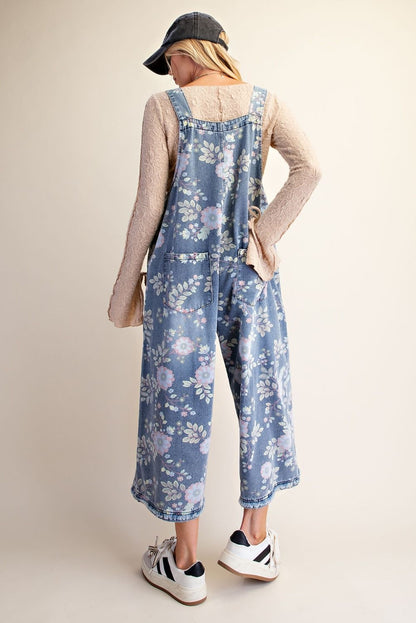 Overalls Washed Denim Light Blue Floral Print Women's  EB58255WD