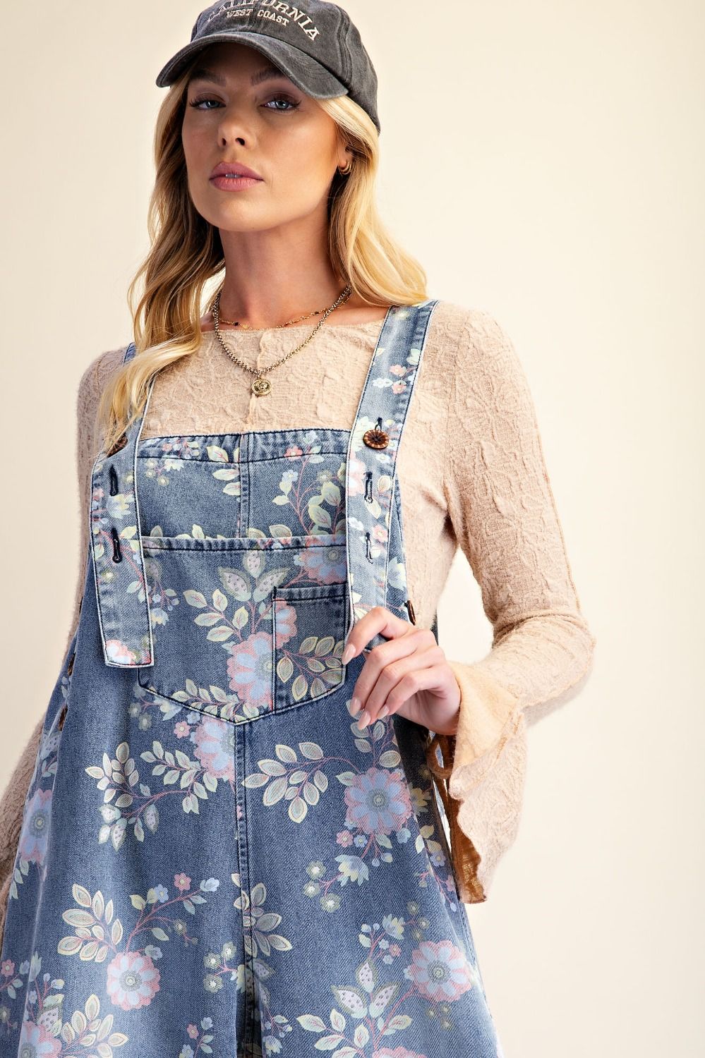 Overalls Washed Denim Light Blue Floral Print Women's  EB58255WD