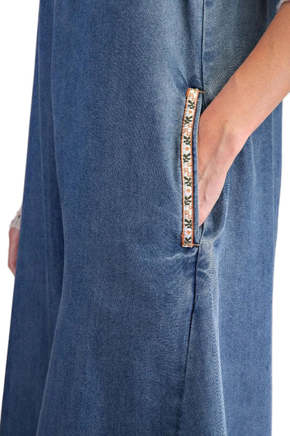 &nbsp;Easel-Overalls Washed Denim Chambray /floral Trim Women's&nbsp; EB90167