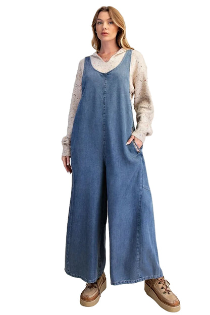 &nbsp;Easel-Overalls Washed Denim Chambray /floral Trim Women's&nbsp; EB90167