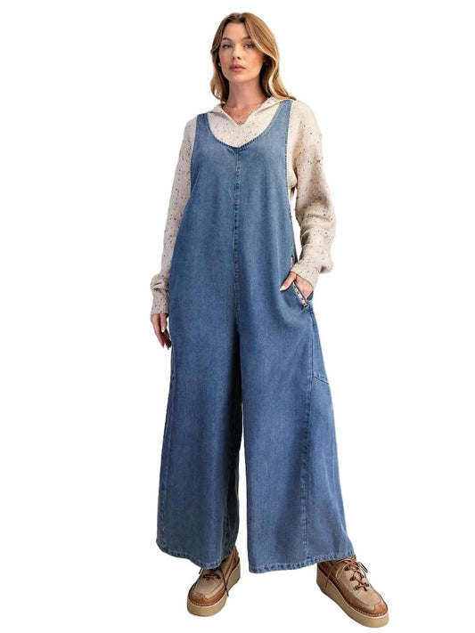 &nbsp;Easel-Overalls Washed Denim Chambray /floral Trim Women's&nbsp; EB90167