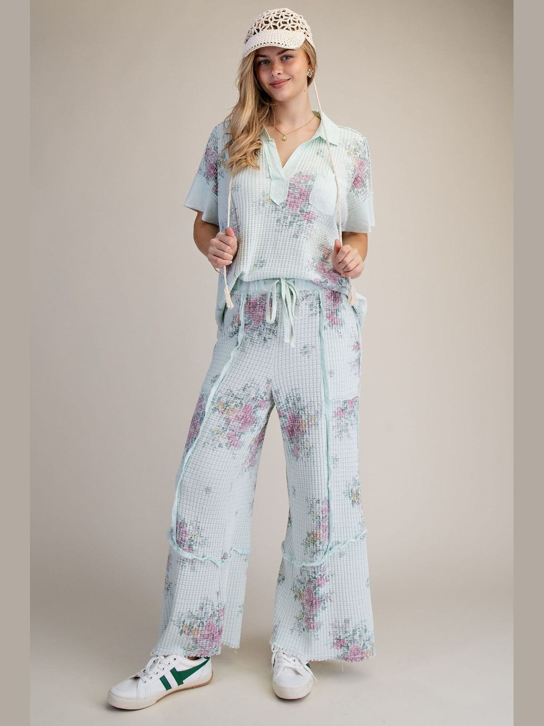 Pants Mint Waffle Draw String Wide Leg  Floral Print 4 Pocket Women's Eb90221M