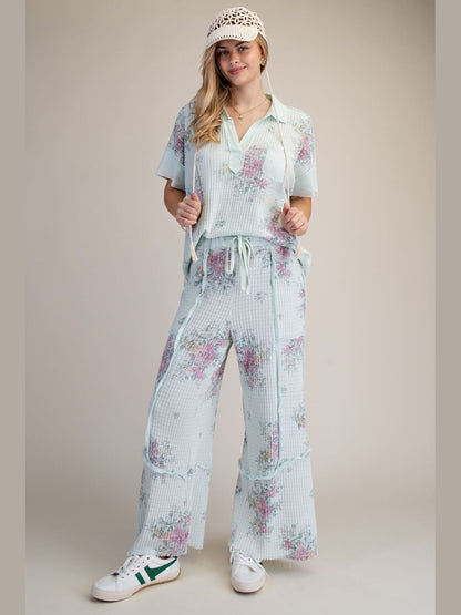 Pants Mint Waffle Draw String Wide Leg  Floral Print 4 Pocket Women's Eb90221M