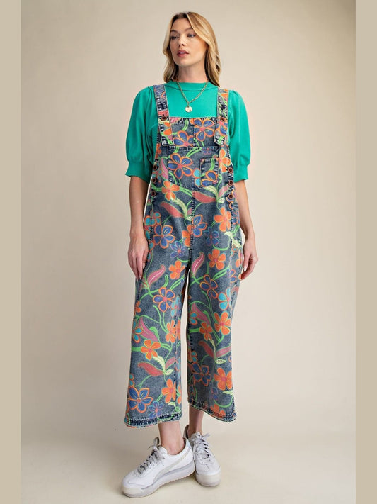 Overalls Washed Denim Vintage Flower Print  Women's  EB90238