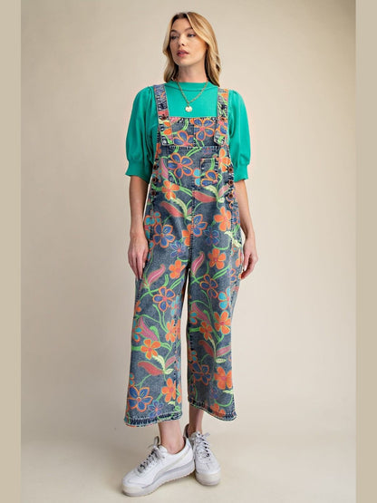 Overalls Washed Denim Vintage Flower Print  Women's  EB90238