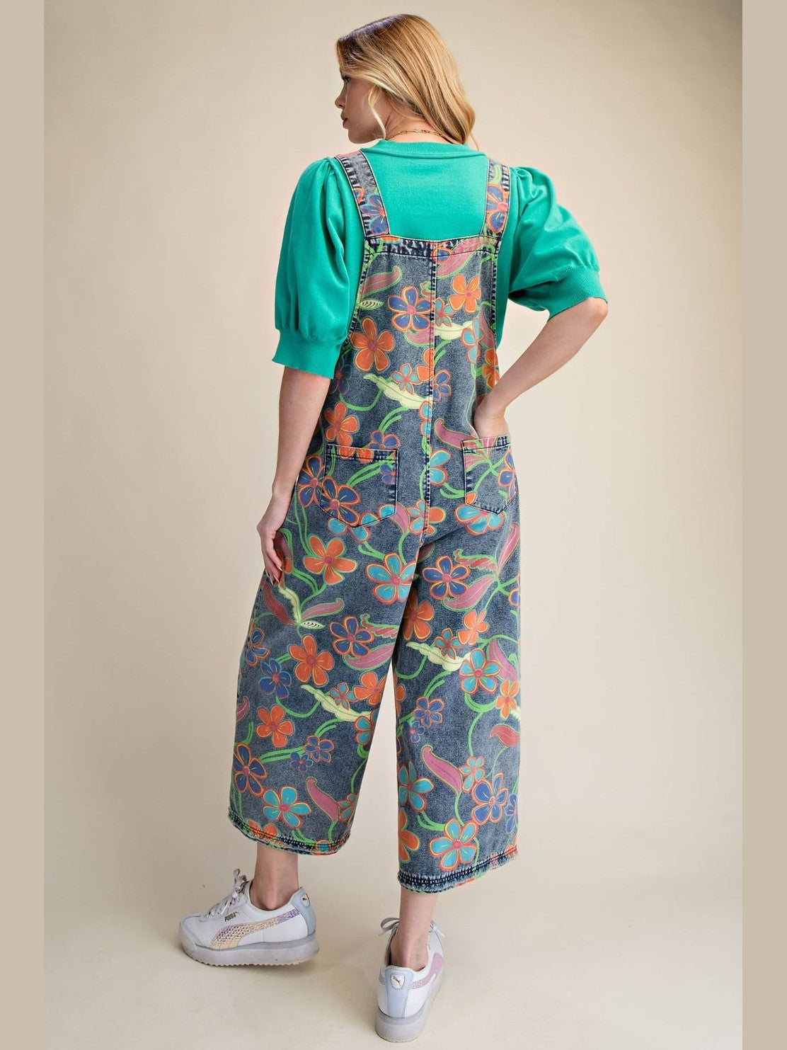 Overalls Washed Denim Vintage Flower Print  Women's  EB90238