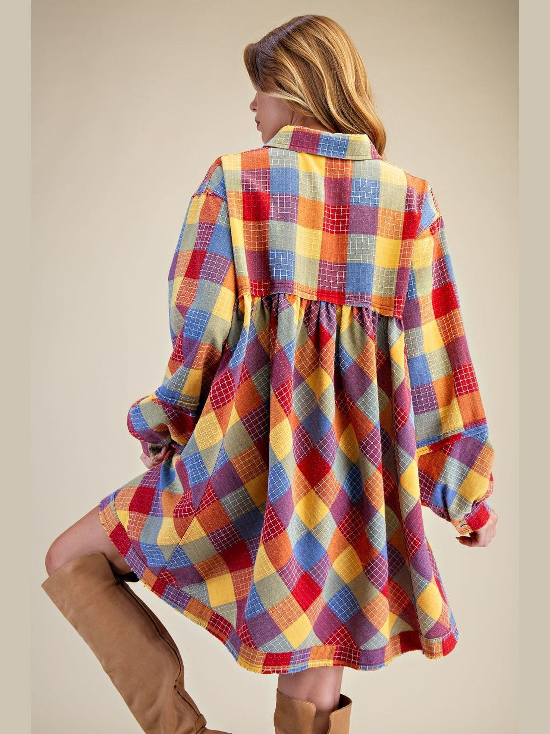 Dress Tunic Button Down Front Yellow Combo Plaid&nbsp; &nbsp;Women's&nbsp; ED28907YC