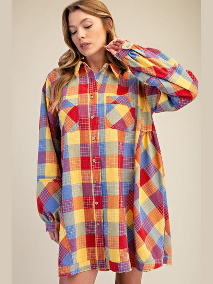 Dress Tunic Button Down Front Yellow Combo Plaid&nbsp; &nbsp;Women's&nbsp; ED28907YC