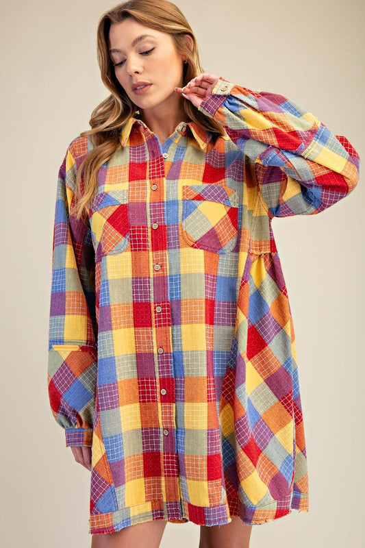Dress Tunic Button Down Front Yellow Combo Plaid&nbsp; &nbsp;Women's&nbsp; ED28907YC