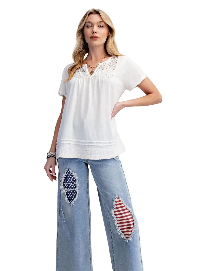 Top Pullover Knit White Lace Trim Short Sleeve&nbsp; Women's&nbsp; ET19023