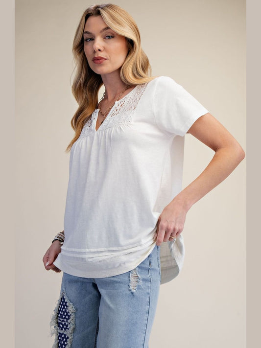 Top Pullover Knit White Lace Trim Short Sleeve&nbsp; Women's&nbsp; ET19023