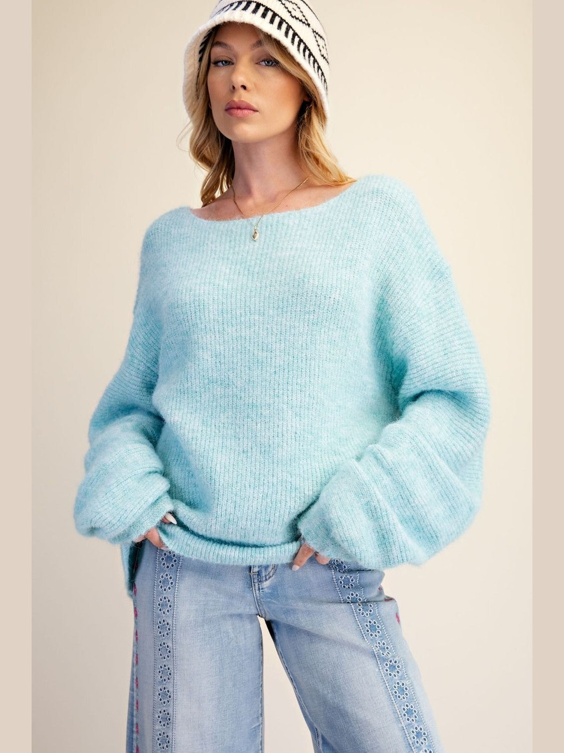 Sweater Pullover Aqua Long Bubble  Sleeve  Women's  ET19158