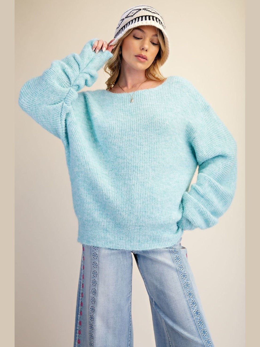 Sweater Pullover Aqua Long Bubble  Sleeve  Women's  ET19158