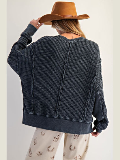 Top Pullover Mineral Washed Thermal  Black Women's  ET26173