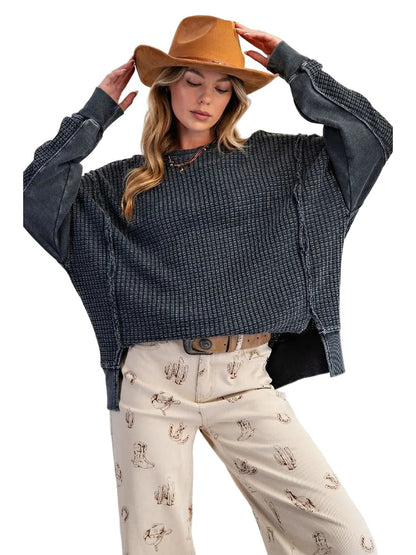 Top Pullover Mineral Washed Thermal  Black Women's  ET26173