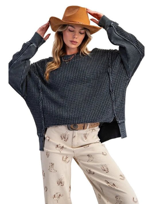 Top Pullover Mineral Washed Thermal  Black Women's  ET26173