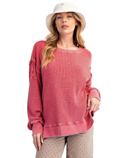 Top Pullover Mineral Washed Thermal&nbsp; Boho Red&nbsp; Women's&nbsp; ET26173