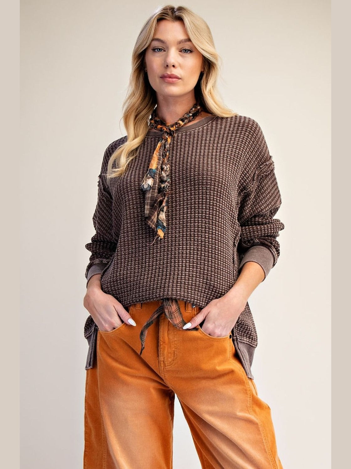 Easel-Top Pullover Mineral Washed Thermal&nbsp; Dark Brown Women's&nbsp; ET26173