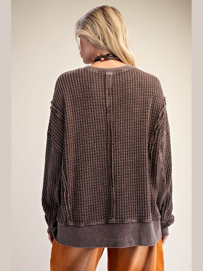 Easel-Top Pullover Mineral Washed Thermal&nbsp; Dark Brown Women's&nbsp; ET26173