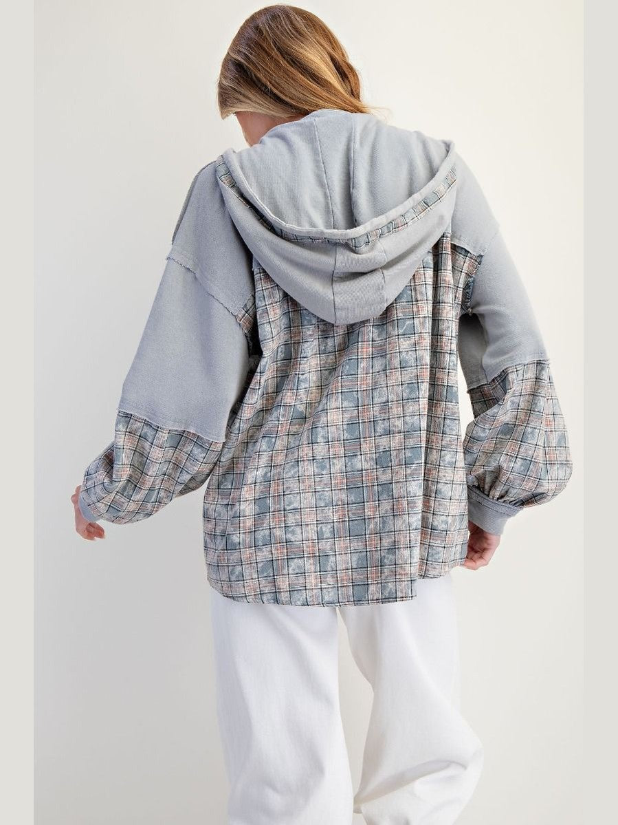 Hoodie Ice Blue Plaid Button Front Pullover Women's  ET26574