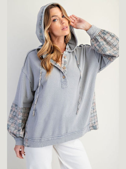 Hoodie Ice Blue Plaid Button Front Pullover Women's  ET26574