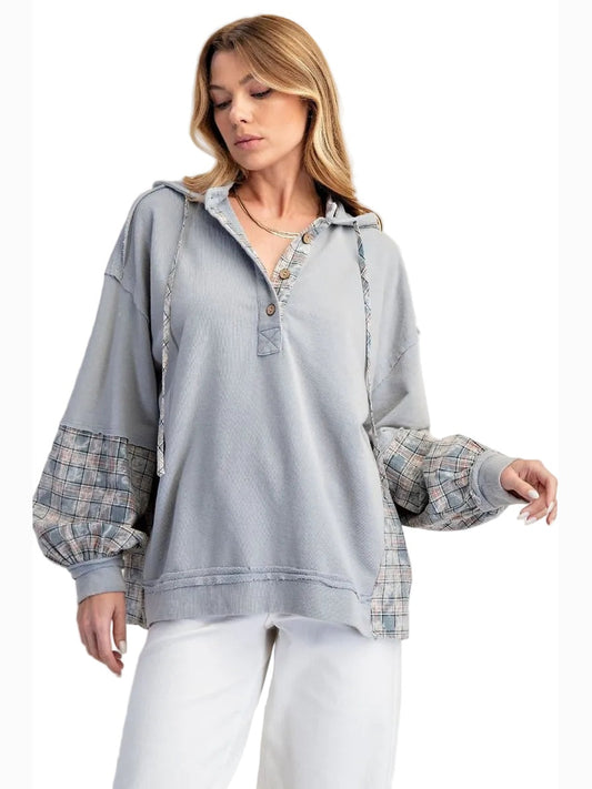 Hoodie Ice Blue Plaid Button Front Pullover Women's  ET26574