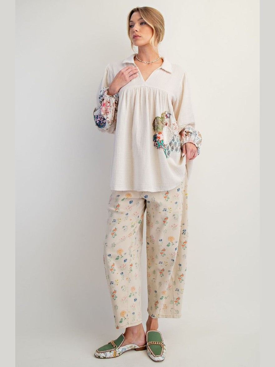 Top Pullover Floral Patch Work Print Ecru Waffle Gauze&nbsp; Women's&nbsp; ET26854
