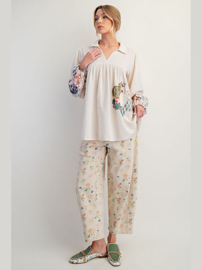 Top Pullover Floral Patch Work Print Ecru Waffle Gauze&nbsp; Women's&nbsp; ET26854