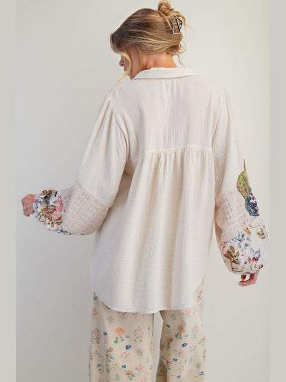 Top Pullover Floral Patch Work Print Ecru Waffle Gauze&nbsp; Women's&nbsp; ET26854