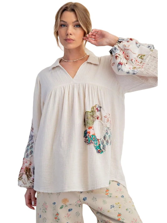 Top Pullover Floral Patch Work Print Ecru Waffle Gauze&nbsp; Women's&nbsp; ET26854
