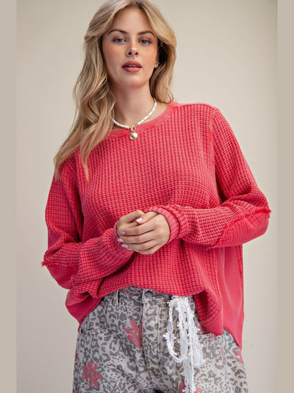 Top Pullover  Poppy Red Mineral Washed Thermal Waffle Knit Women's  ET26958