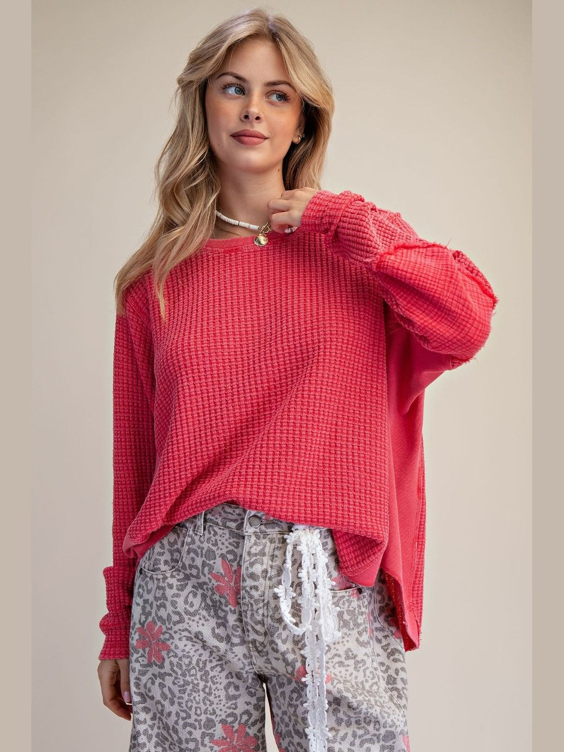 Top Pullover  Poppy Red Mineral Washed Thermal Waffle Knit Women's  ET26958