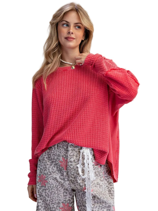 Top Pullover  Poppy Red Mineral Washed Thermal Waffle Knit Women's  ET26958