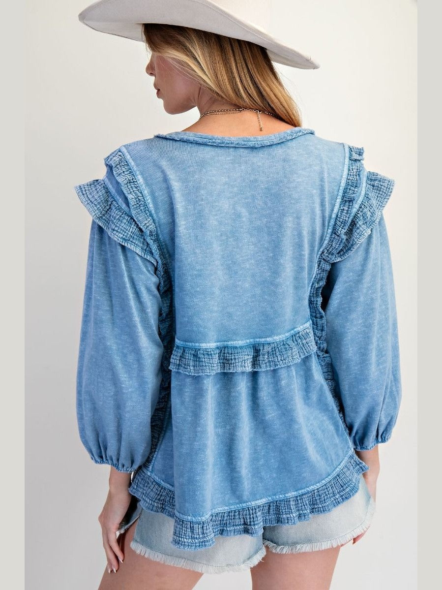 Top&nbsp; 4 Button Pullover Faded Denim Ruffle Trim Women's&nbsp; ET28462