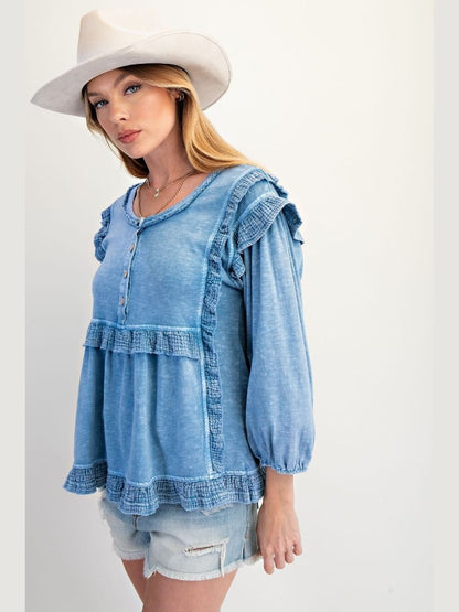 Top&nbsp; 4 Button Pullover Faded Denim Ruffle Trim Women's&nbsp; ET28462