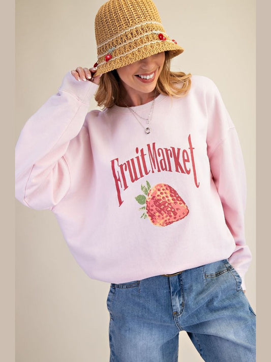 Top Pullover&nbsp; Strawberry Milk Pink Fruit Market Long Sleeve&nbsp; Women's&nbsp; ET28475