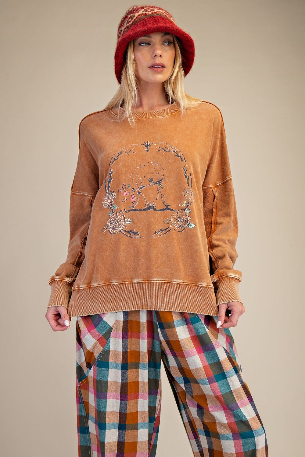 Top Pullover Camel Brown Puppy Washed Terry&nbsp; Long Sleeve&nbsp; Women's&nbsp; ET28593C