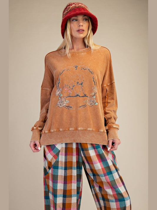 Top Pullover Camel Brown Puppy Washed Terry&nbsp; Long Sleeve&nbsp; Women's&nbsp; ET28593C