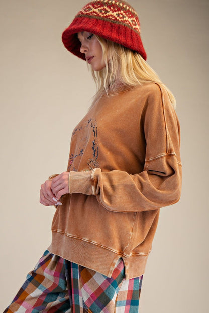 Top Pullover Camel Brown Puppy Washed Terry&nbsp; Long Sleeve&nbsp; Women's&nbsp; ET28593C