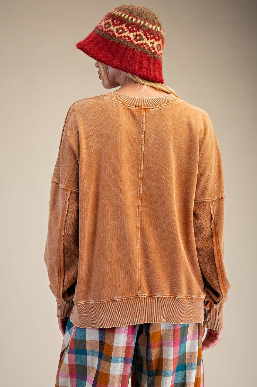 Top Pullover Camel Brown Puppy Washed Terry&nbsp; Long Sleeve&nbsp; Women's&nbsp; ET28593C