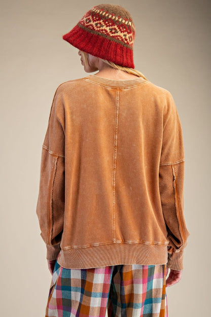 Top Pullover Camel Brown Puppy Washed Terry&nbsp; Long Sleeve&nbsp; Women's&nbsp; ET28593C