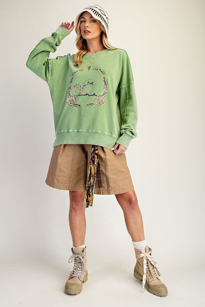 Top Pullover&nbsp; Juniper Green Puppy Washed Terry&nbsp; Long Sleeve&nbsp; Women's&nbsp; ET28593